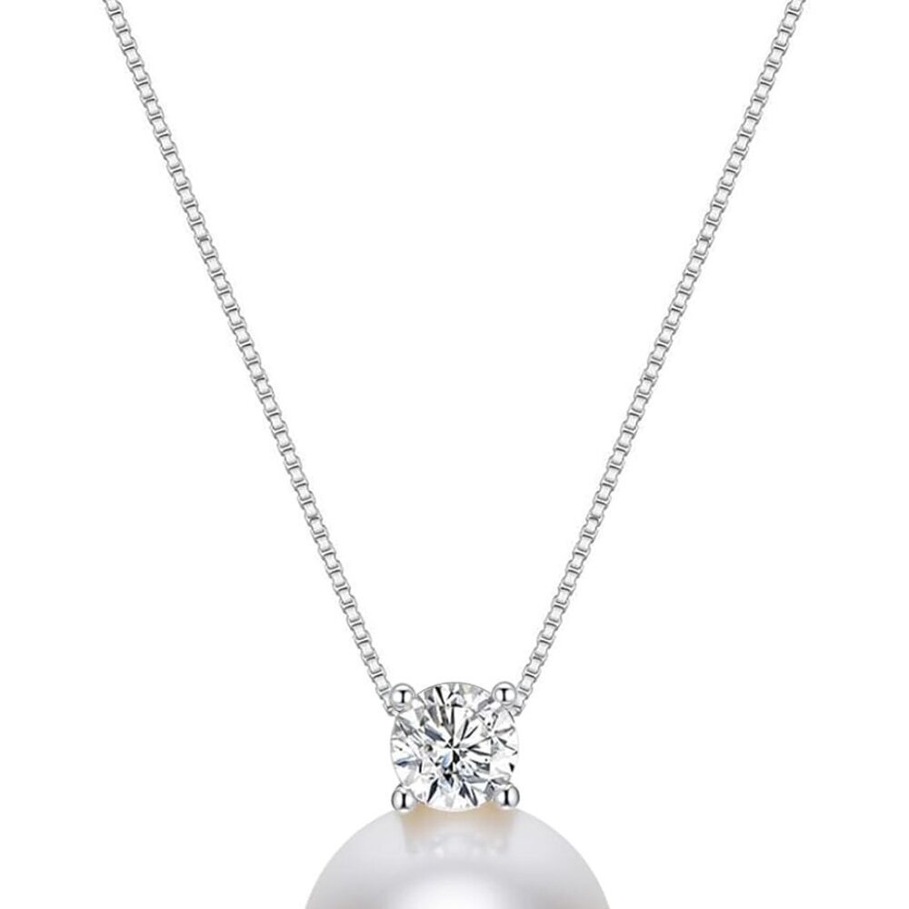 Pearl Necklace Sterling Silver 10MM White Simulated Pearl CZ Elegant Jewelry